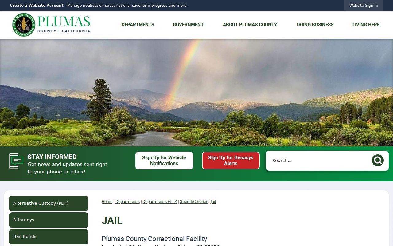 Plumas County jail page with correctional facility contact information