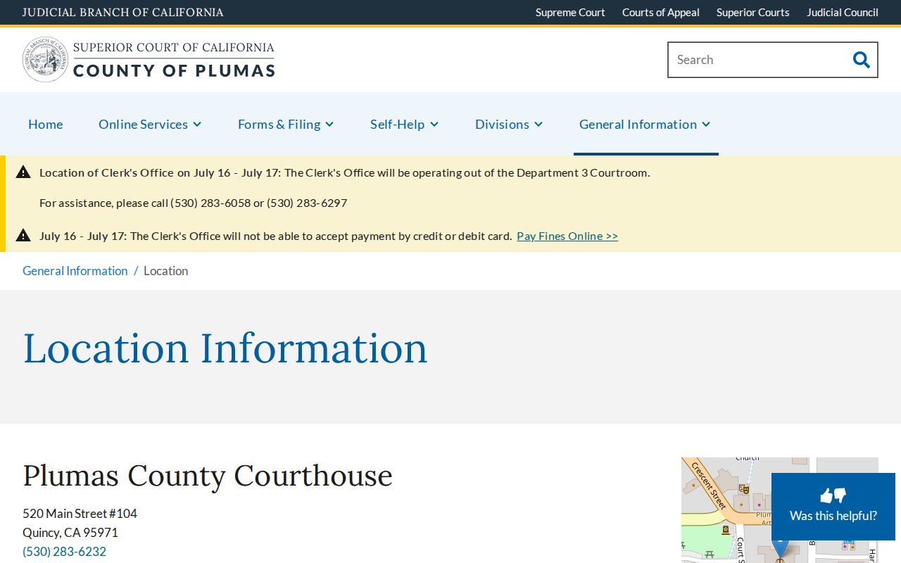 Plumas County courthouse location and clerk office route