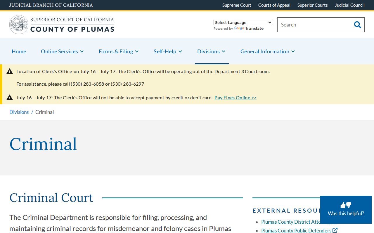 Plumas Superior Court Criminal Department information