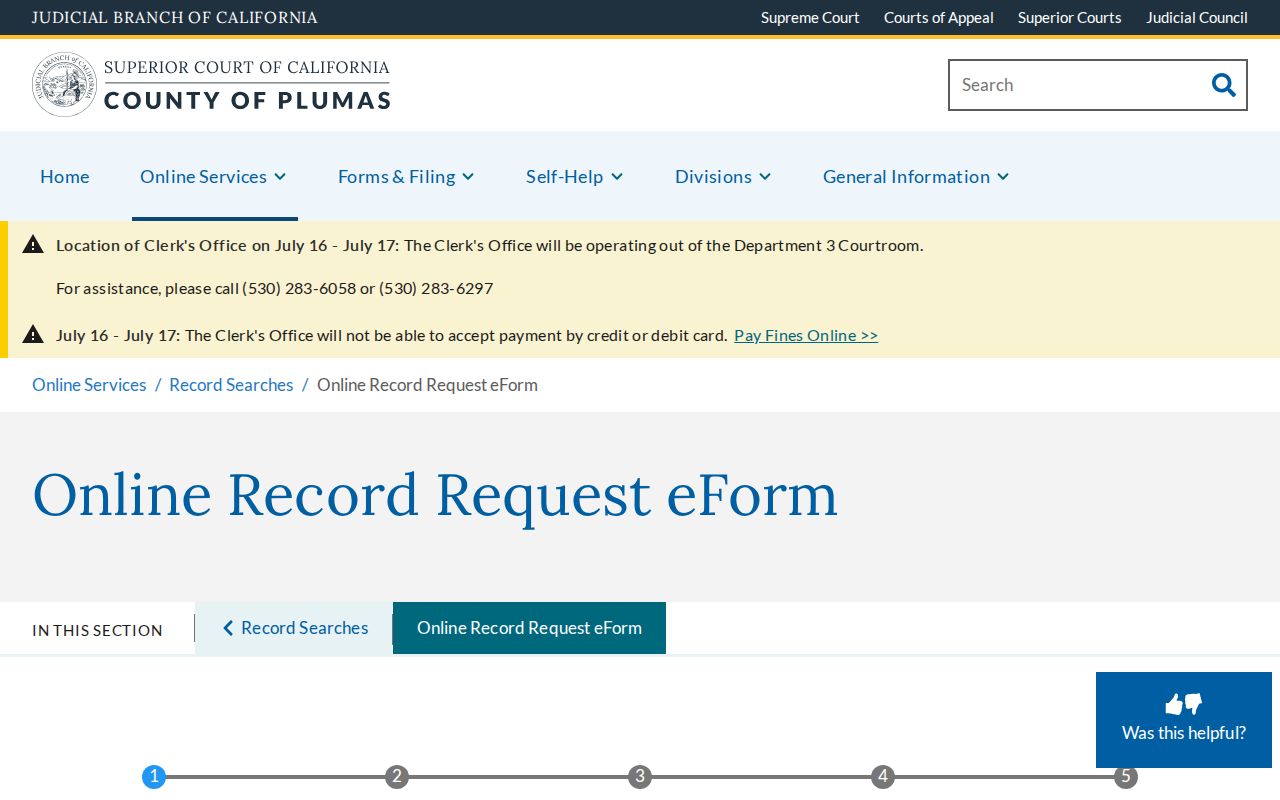 Plumas Superior Court online record request form and access warnings
