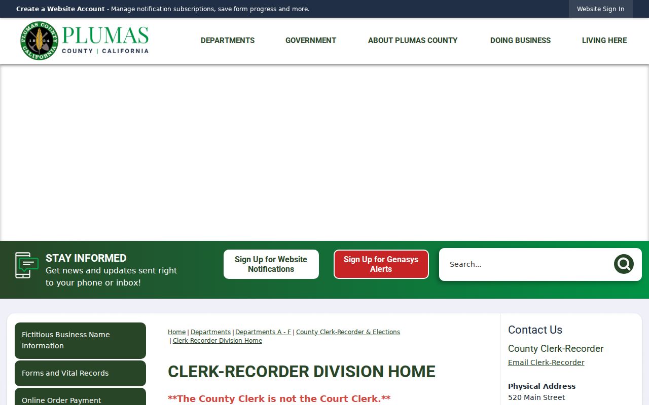 Plumas County Clerk-Recorder page distinguishing it from the court clerk