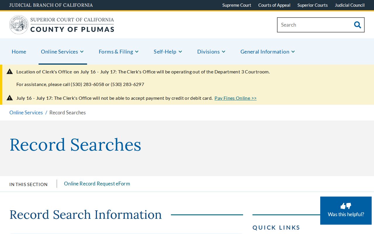 Plumas Superior Court official criminal record search options
