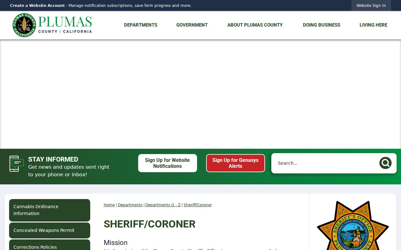 Plumas County Sheriff-Coroner headquarters contact information