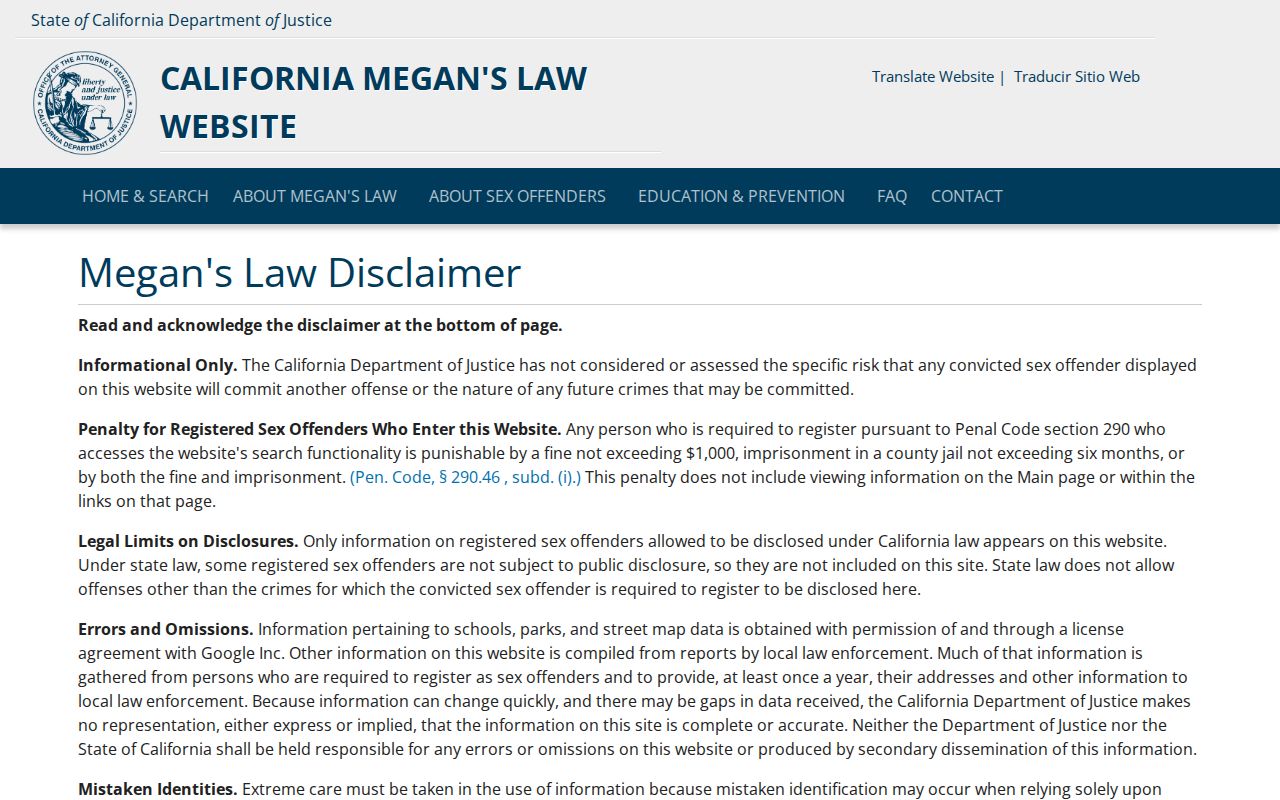 California Megan's Law public website disclaimer and entry screen
