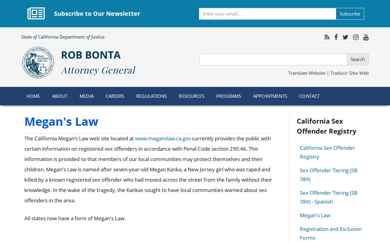 California DOJ Megan's Law explanation and public registry link